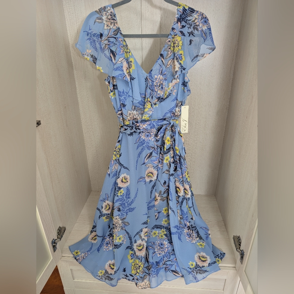 Eliza J Floral Blue Wrap Dress